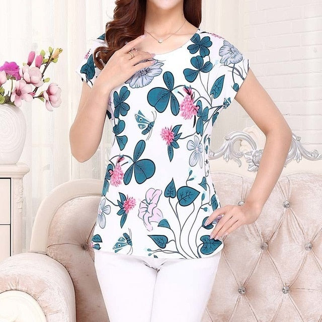 5XL Women Ladies Clothing Tops short Sleeve printing Shirts Casual Boat anchor Blouse Silk female woman clothes plus size