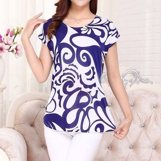 5XL Women Ladies Clothing Tops short Sleeve printing Shirts Casual Boat anchor Blouse Silk female woman clothes plus size