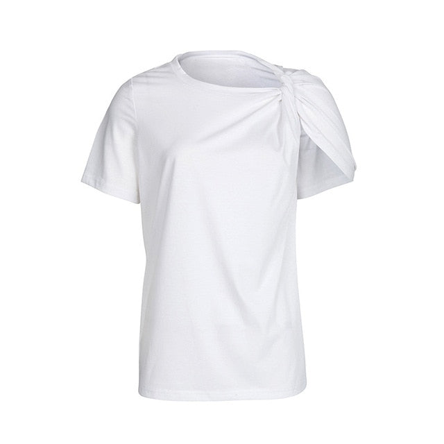 TWOTWINSTYLE Ruched Basic T Shirt For Women Short Sleeve Big Size Irregular White T Shirts Top 2019 Summer Fashion New Clothing