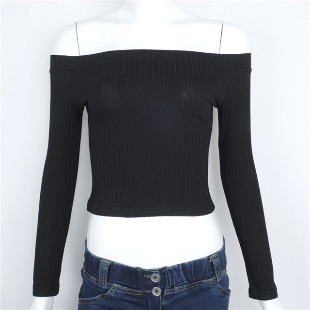 Women Off Shoulder Crop Top T Shirts Long Sleeve Short T-shirts For Women Clothing Fashion Black T-shirt Tops Tees Korean Style