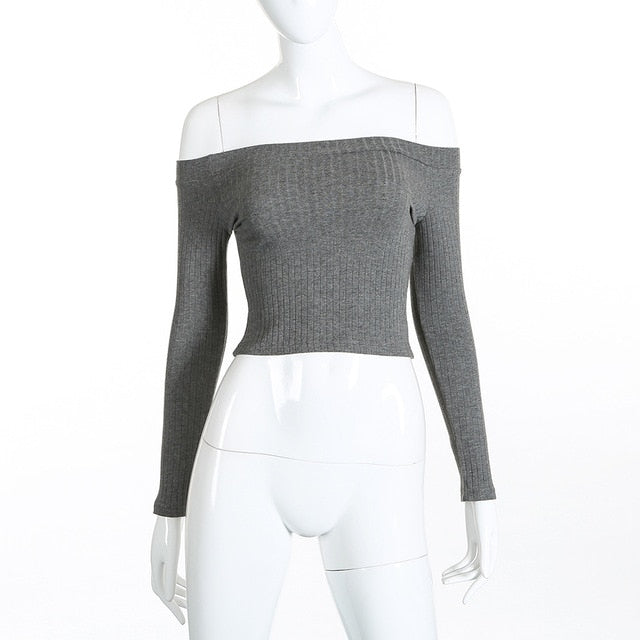 Women Off Shoulder Crop Top T Shirts Long Sleeve Short T-shirts For Women Clothing Fashion Black T-shirt Tops Tees Korean Style