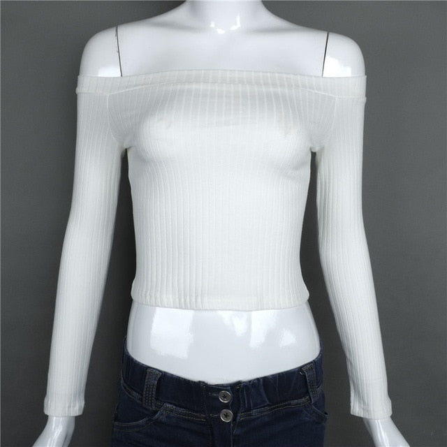 Women Off Shoulder Crop Top T Shirts Long Sleeve Short T-shirts For Women Clothing Fashion Black T-shirt Tops Tees Korean Style