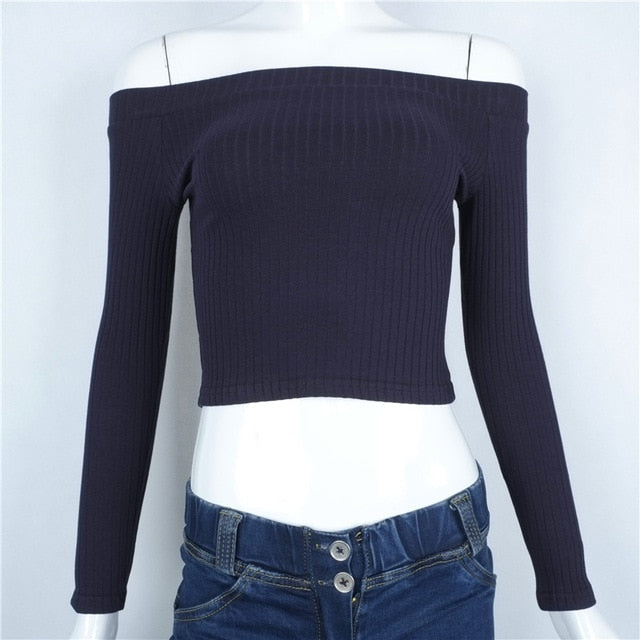 Women Off Shoulder Crop Top T Shirts Long Sleeve Short T-shirts For Women Clothing Fashion Black T-shirt Tops Tees Korean Style