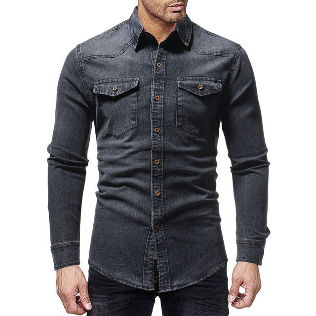 Black Denim Shirt Men Casual Fit Slim Long Sleeve Shirts 2018 Autumn Cotton Jeans Dress Shirt Mens Clothing Plue Size WY102