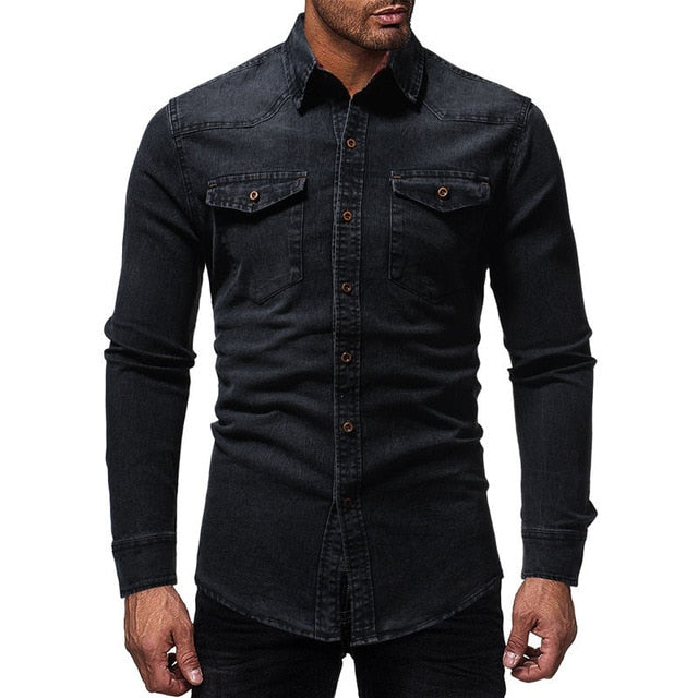Black Denim Shirt Men Casual Fit Slim Long Sleeve Shirts 2018 Autumn Cotton Jeans Dress Shirt Mens Clothing Plue Size WY102