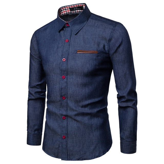 2019 new fashion brand men's shirt denim shirt dress shirt long-sleeved slim men's casual shirt men's clothing